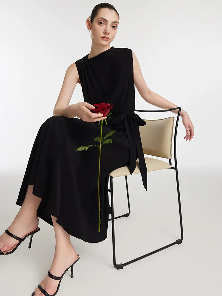 Triacetate Gathered Waist Asymmetric Neck Women Midi Dress - Image 4