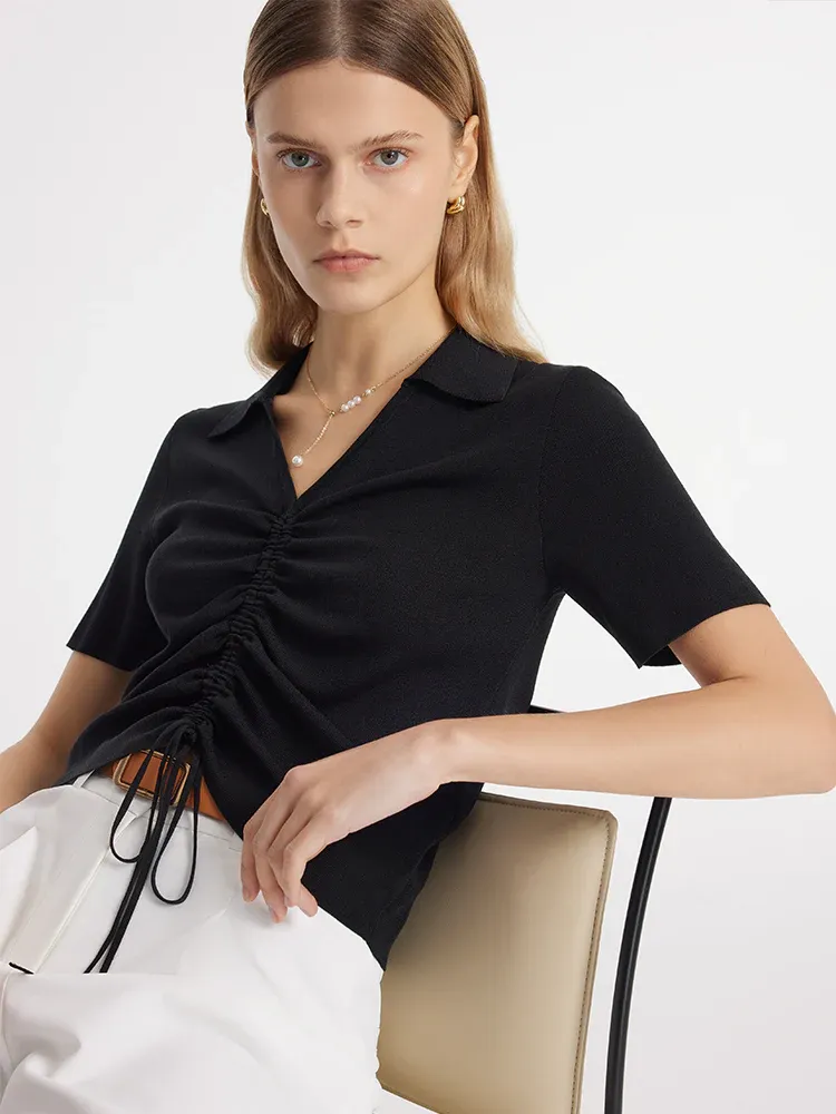 V-Neck Drawstring Lapel Knitted Women Top - Image 9