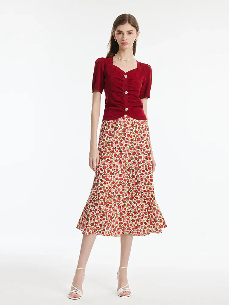 Tencel-Silk Blend Ruched Women Knit Top With Rose Shaped Button - Image 2